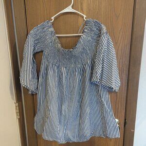 Zara Off Shoulder Shirred Striped Tunic/ Mini Dress Blue/White-Women's M